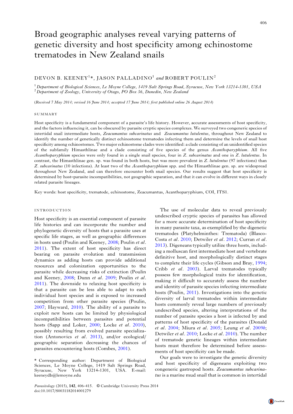 Broad Geographic Analyses Reveal Varying Patterns of Genetic Diversity and Host Speciﬁcity Among Echinostome Trematodes in New Zealand Snails