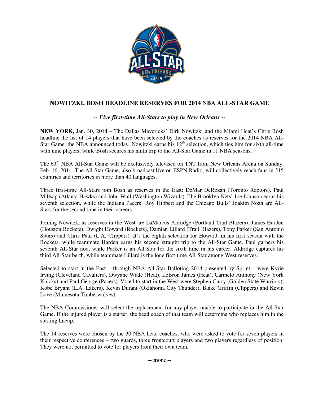 Nowitzki, Bosh Headline Reserves for 2014 Nba All-Star Game