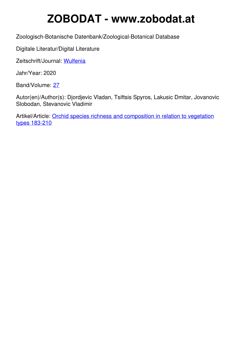 Orchid Species Richness and Composition in Relation to Vegetation Types 183-210 Wulfenia 27 (2020): 183 –210 Mitteilungen Des Kärntner Botanikzentrums Klagenfurt