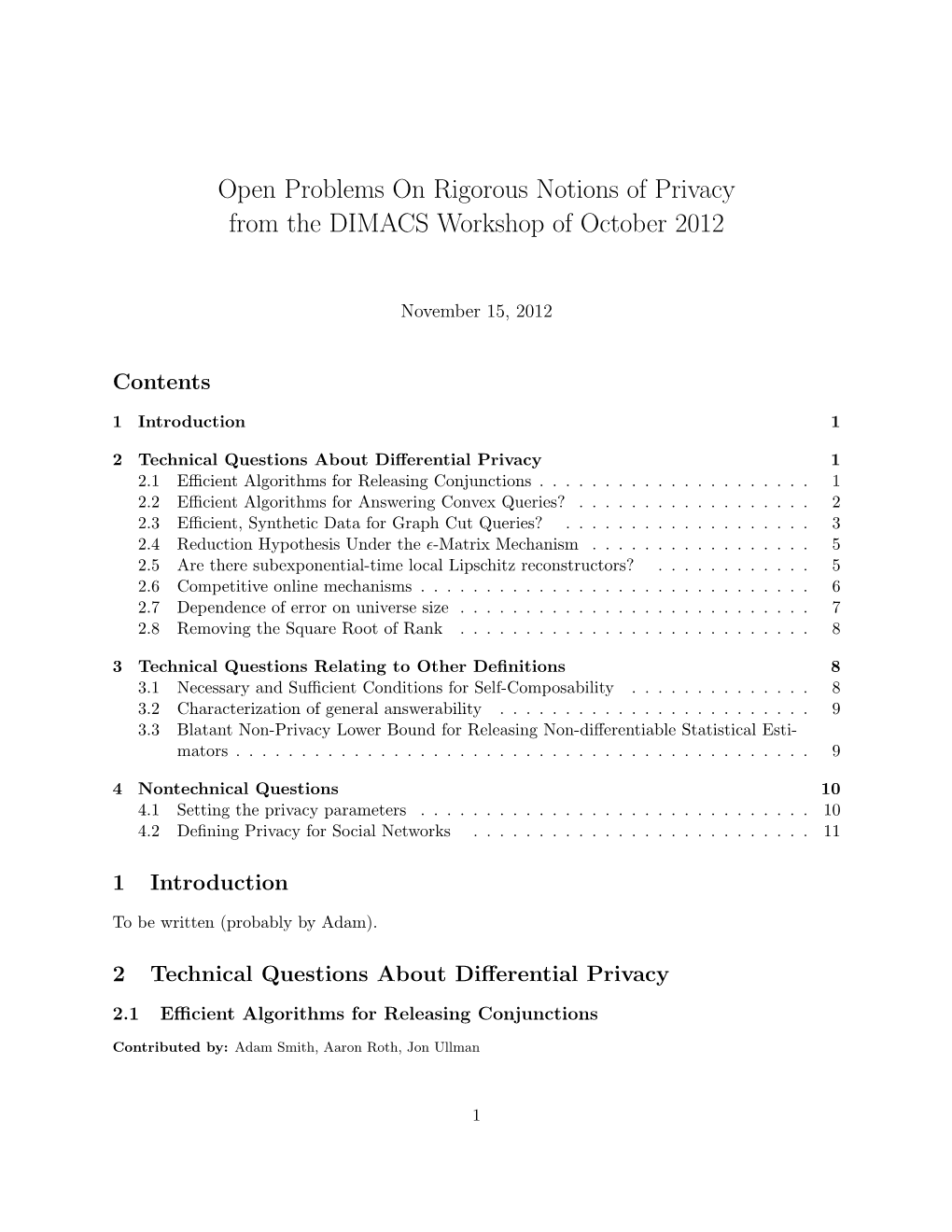 Open Problems on Rigorous Notions of Privacy from the DIMACS Workshop of October 2012