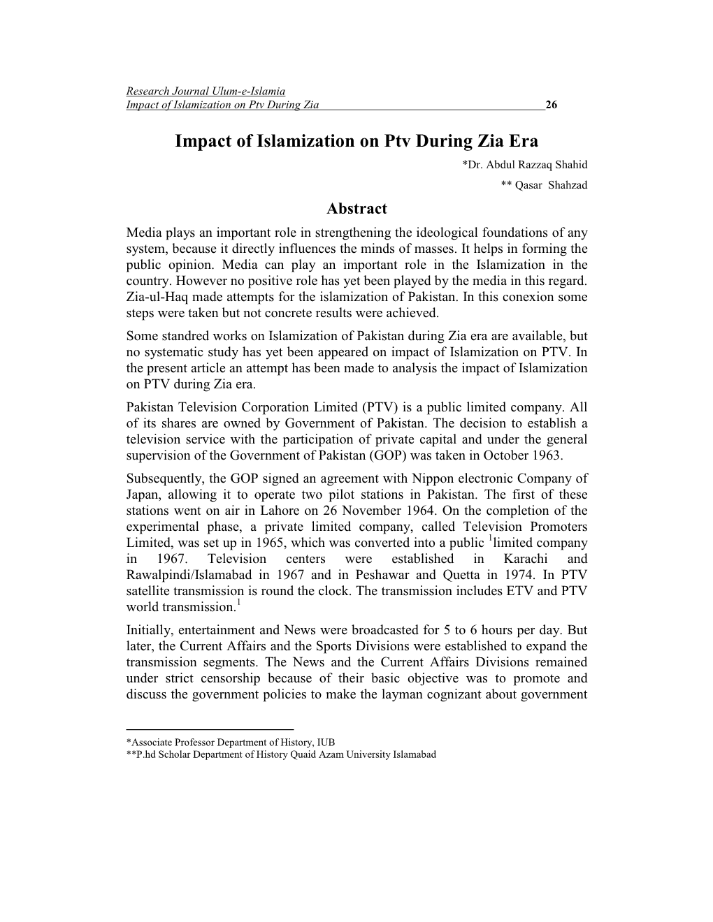 Impact of Islamization on Ptv During Zia 26