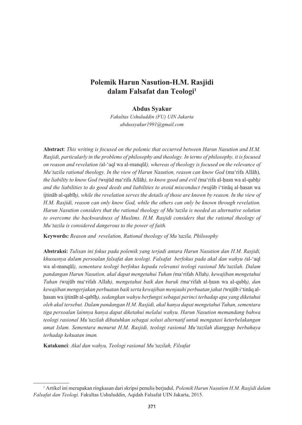 Polemik Harun Nasution-H.M. Rasjidi Dalam Falsafat Dan Teologi1