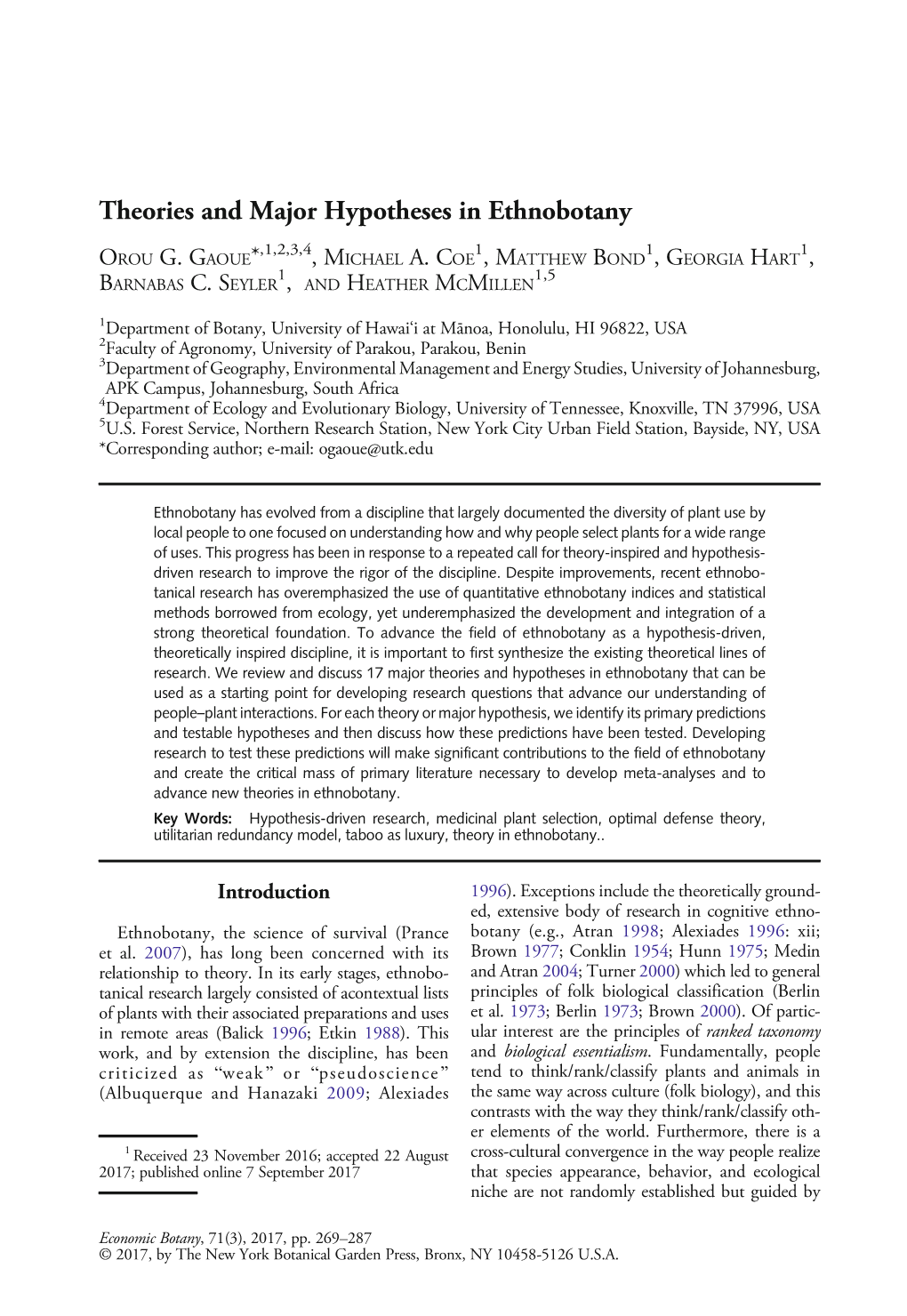 Theories and Major Hypotheses in Ethnobotany