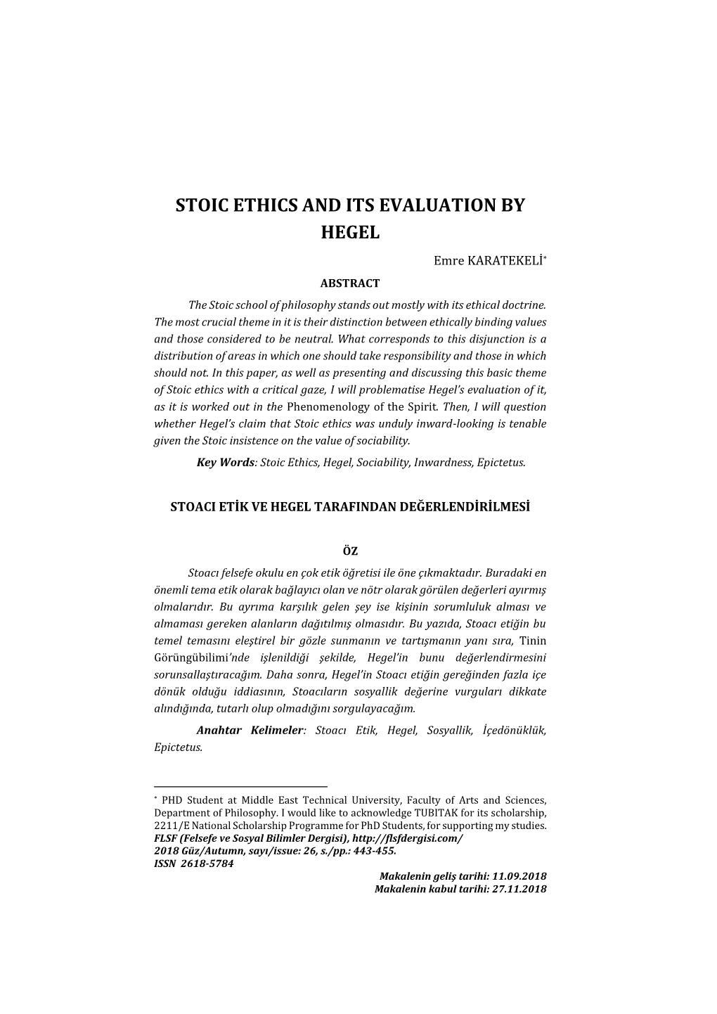Stoic Ethics and Its Evaluation by Hegel