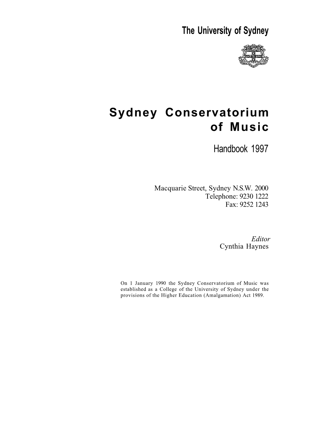 Sydney Conservatorium of Music Handbook 1997