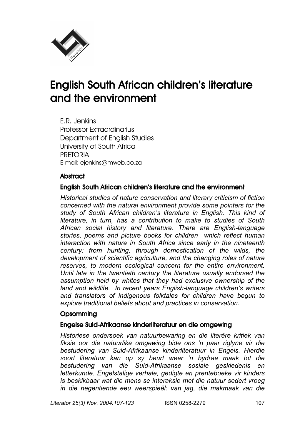 English South African Children's Literature and the Environment