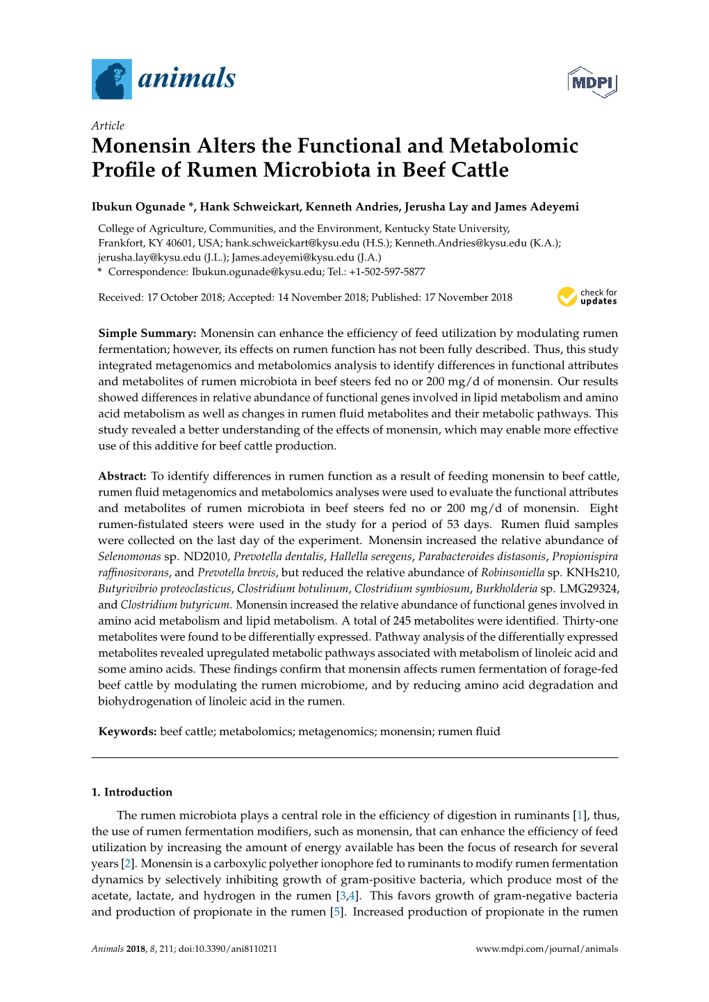 Monensin Alters the Functional and Metabolomic Profile of Rumen