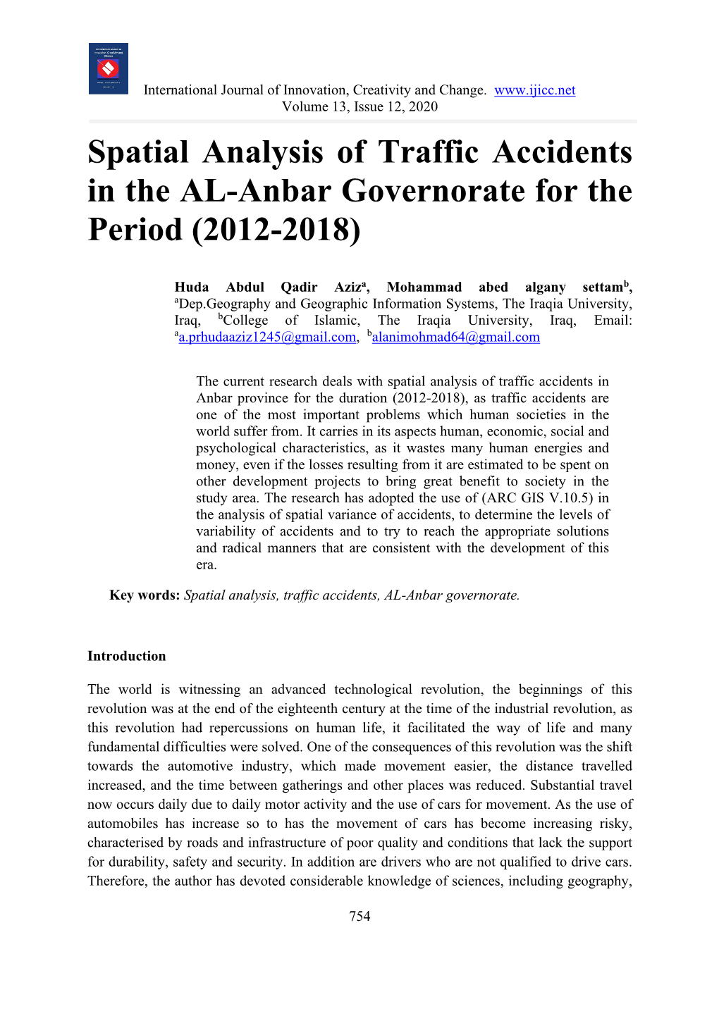 Spatial Analysis of Traffic Accidents in the AL-Anbar Governorate for the Period (2012-2018)