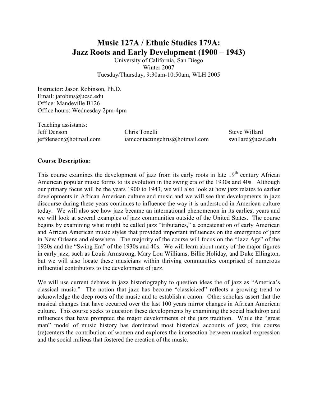 Music 127A / Ethnic Studies 179A: Jazz Roots and Early Development
