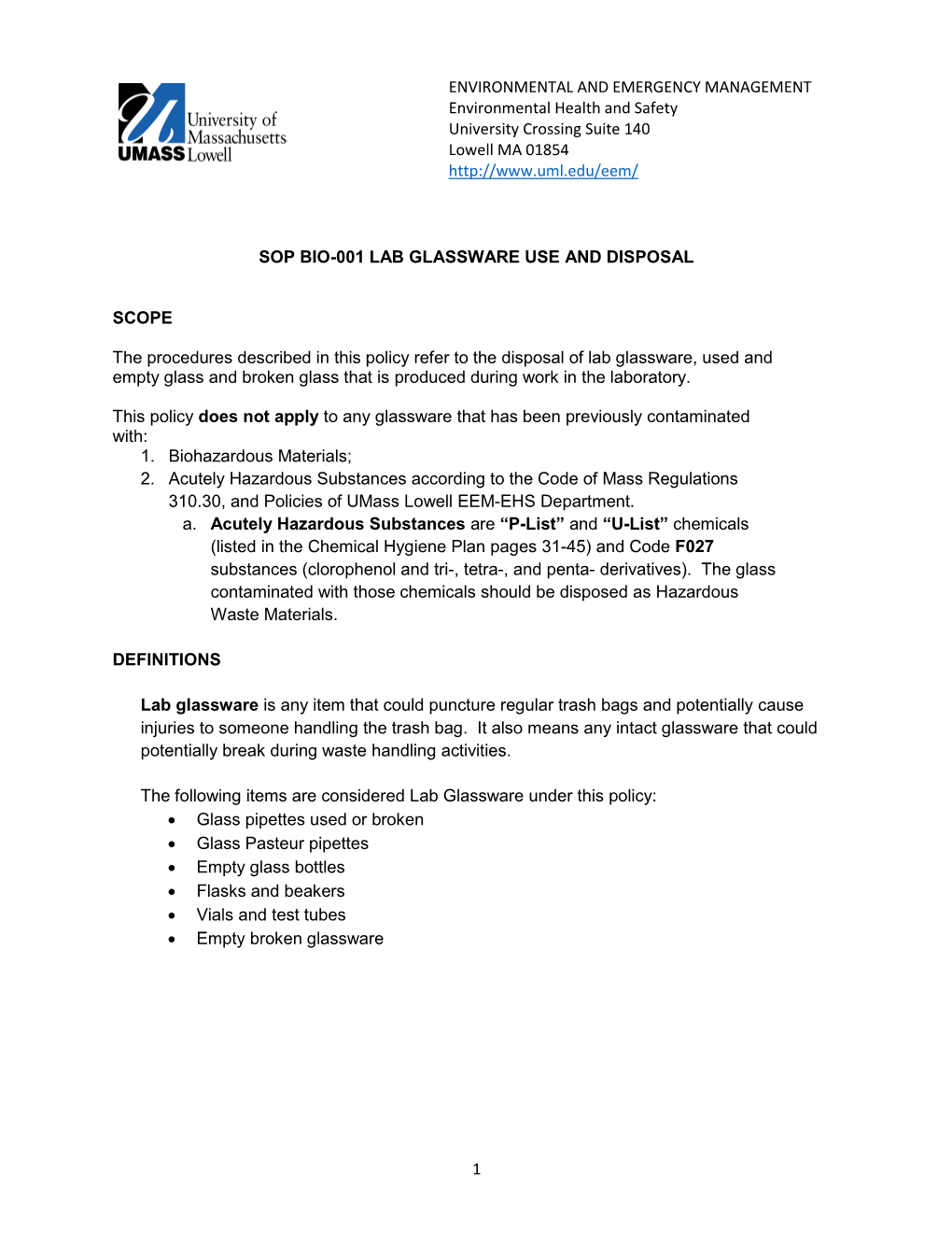 Sop Bio-001 Lab Glassware Use and Disposal