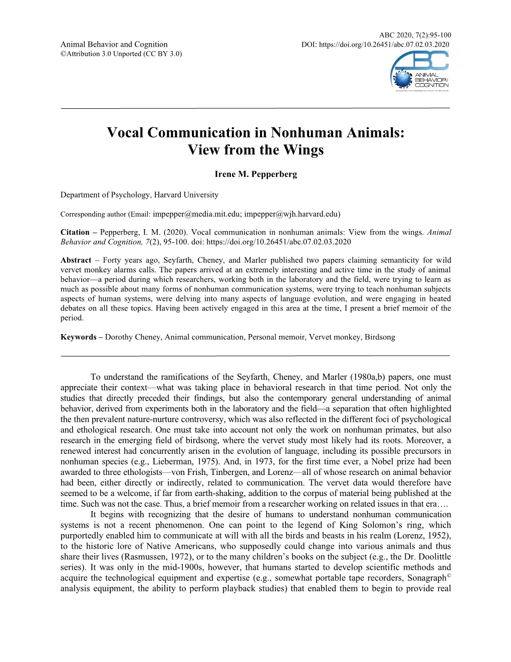 Vocal Communication in Nonhuman Animals: View from the Wings