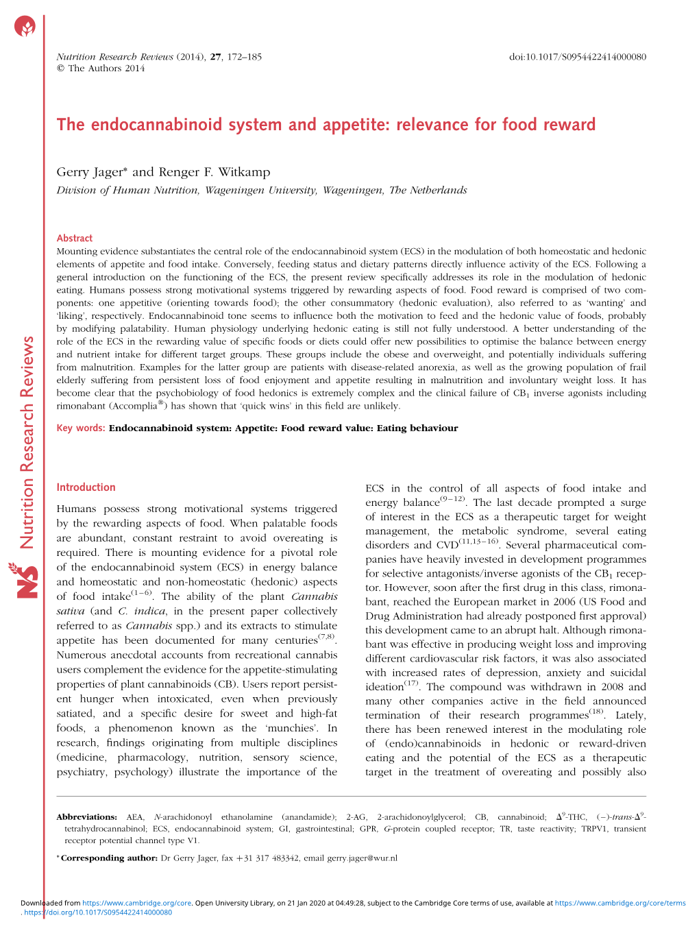 The Endocannabinoid System and Appetite: Relevance for Food Reward