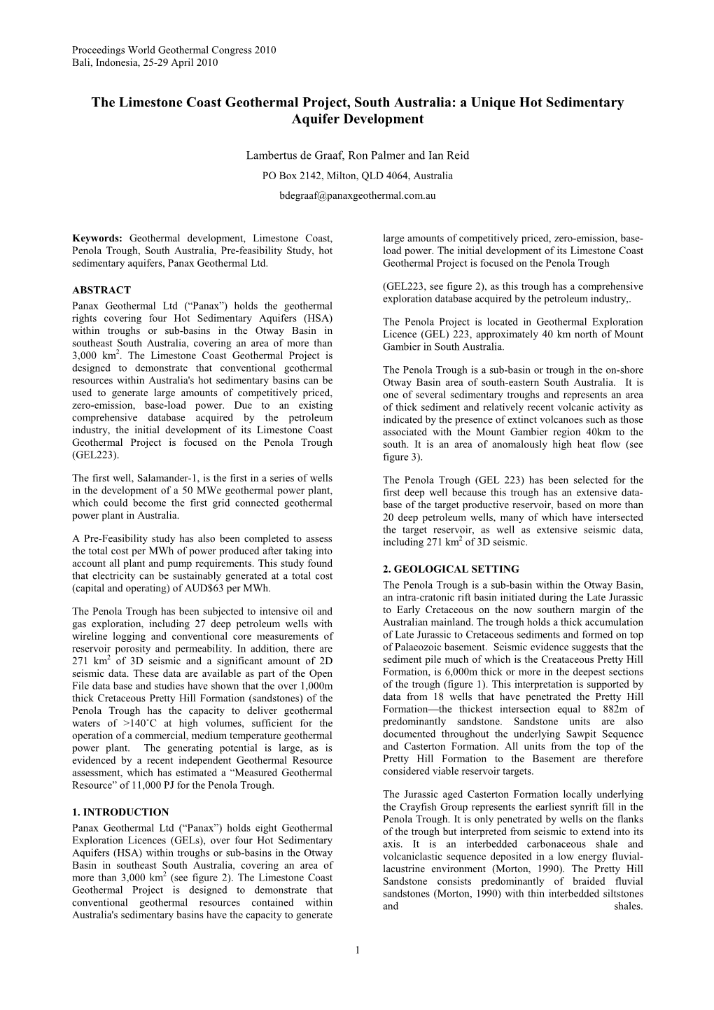 The Limestone Coast Geothermal Project, South Australia: a Unique Hot Sedimentary Aquifer Development