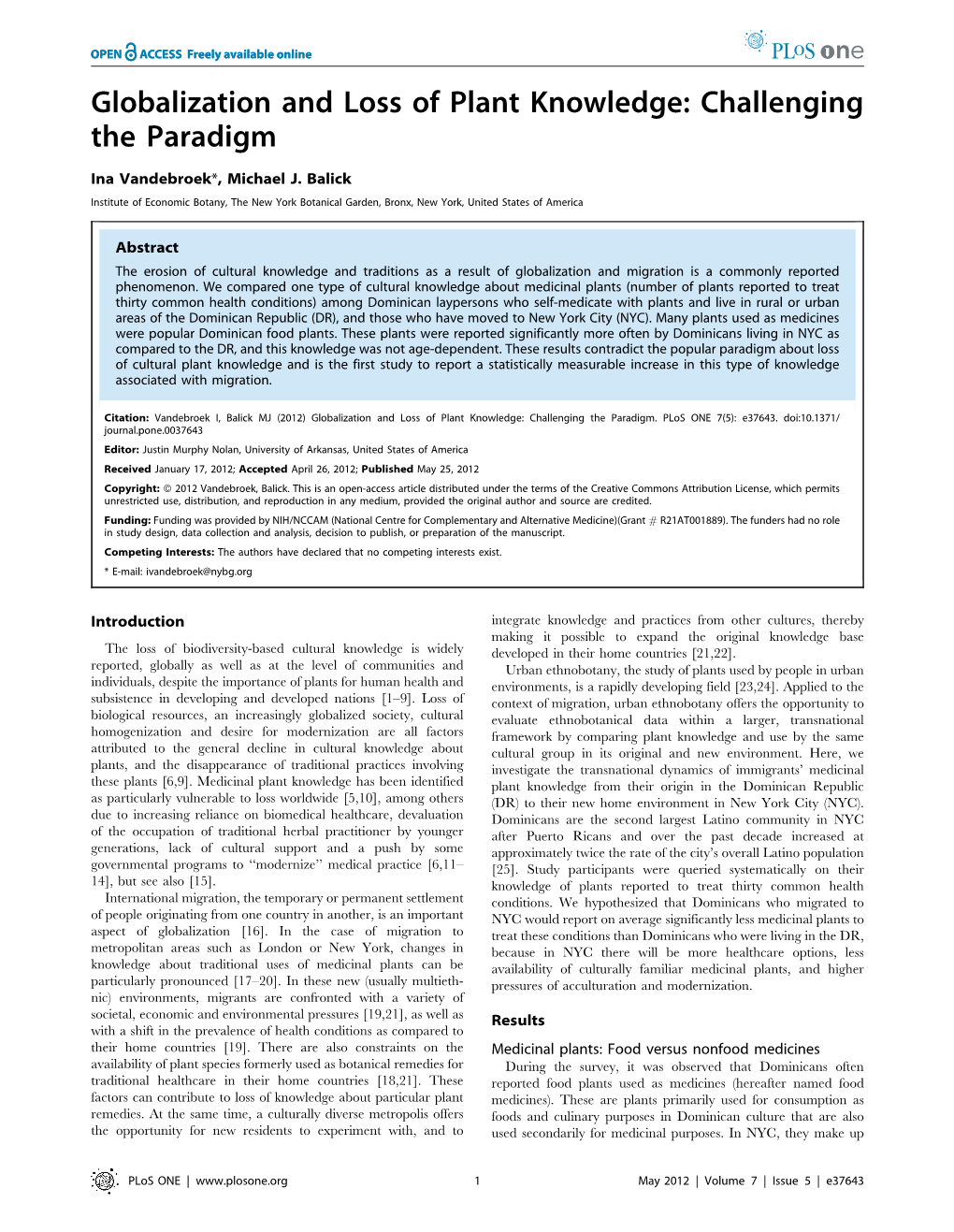 Globalization and Loss of Plant Knowledge: Challenging the Paradigm