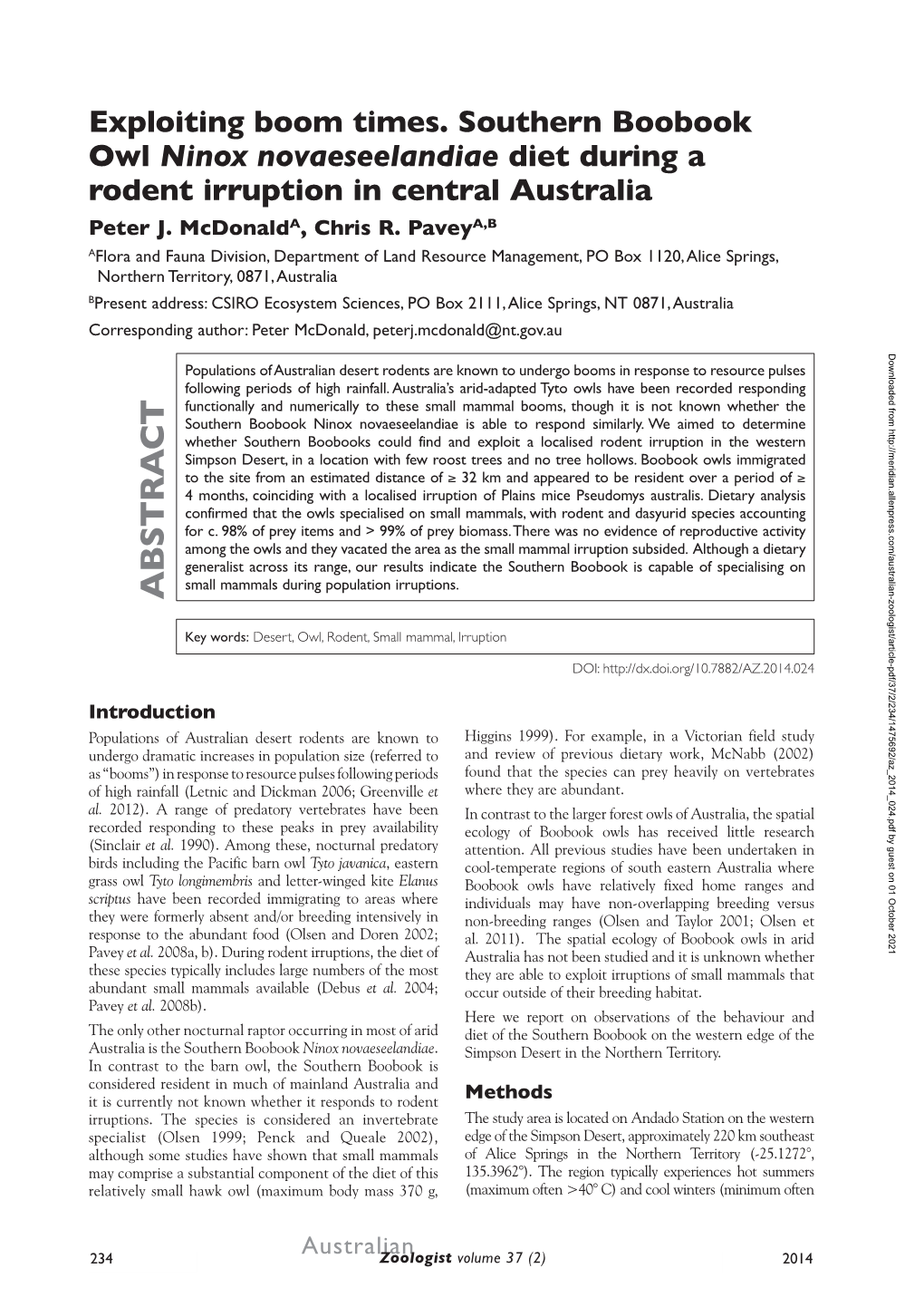 Exploiting Boom Times. Southern Boobook Owl Ninox Novaeseelandiae Diet During a Rodent Irruption in Central Australia Peter J