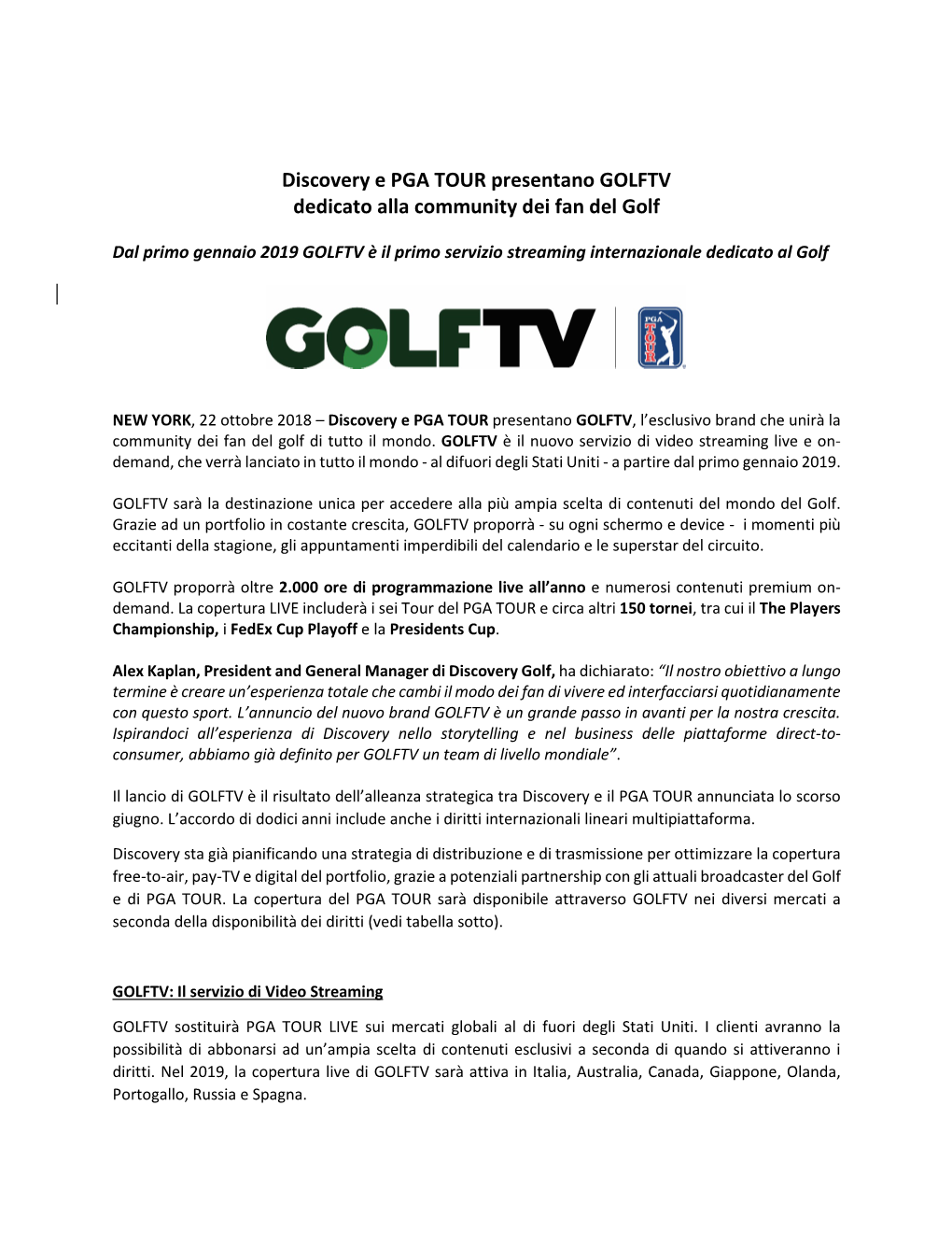 Discovery E PGA TOUR Presentano GOLFTV Dedicato Alla Community Dei Fan Del Golf
