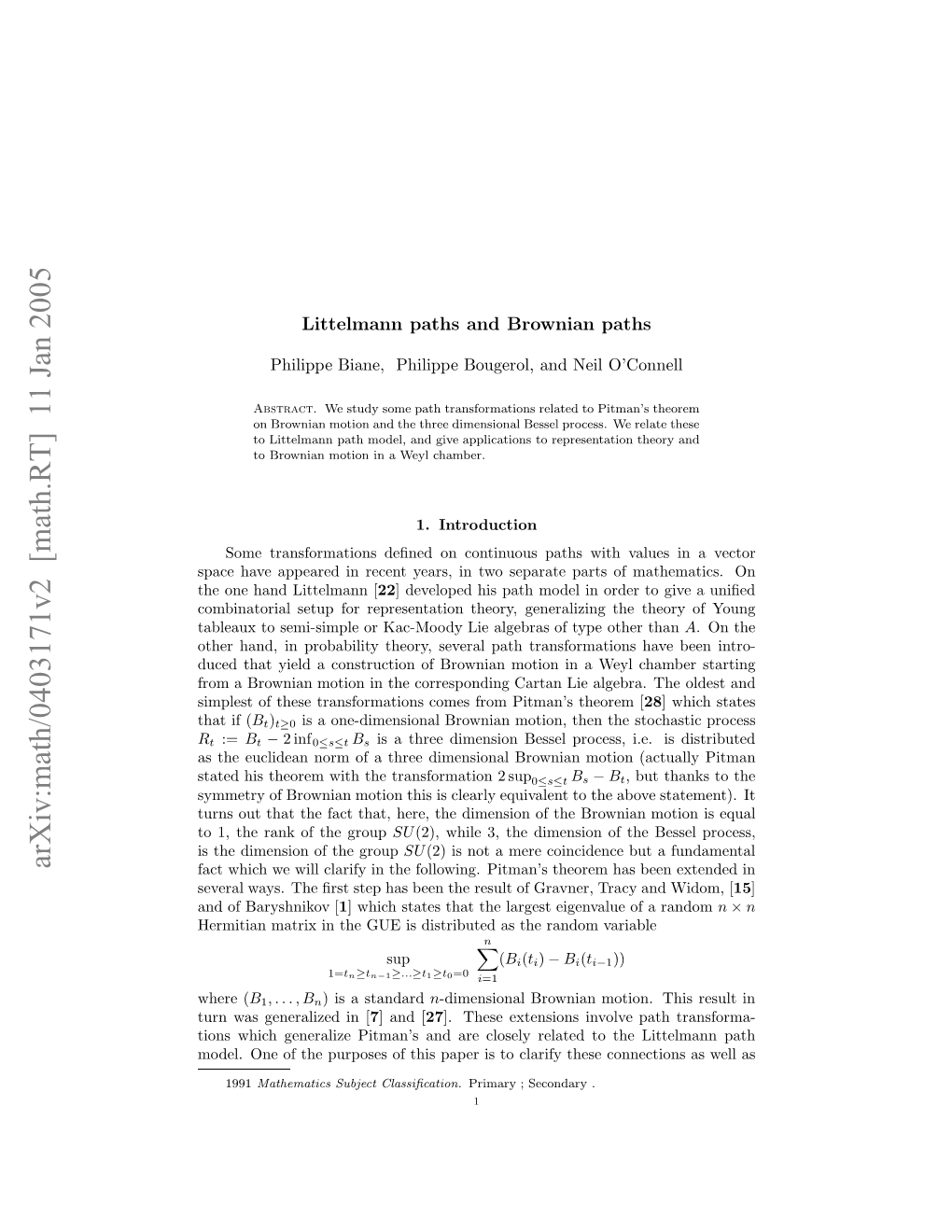 Arxiv:Math/0403171V2 [Math.RT] 11 Jan 2005 Eea As H Rtse a Entersl Fganr Tra Gravner, Ext of Been Result the Has Been Theorem Has Pitman’S Step Following