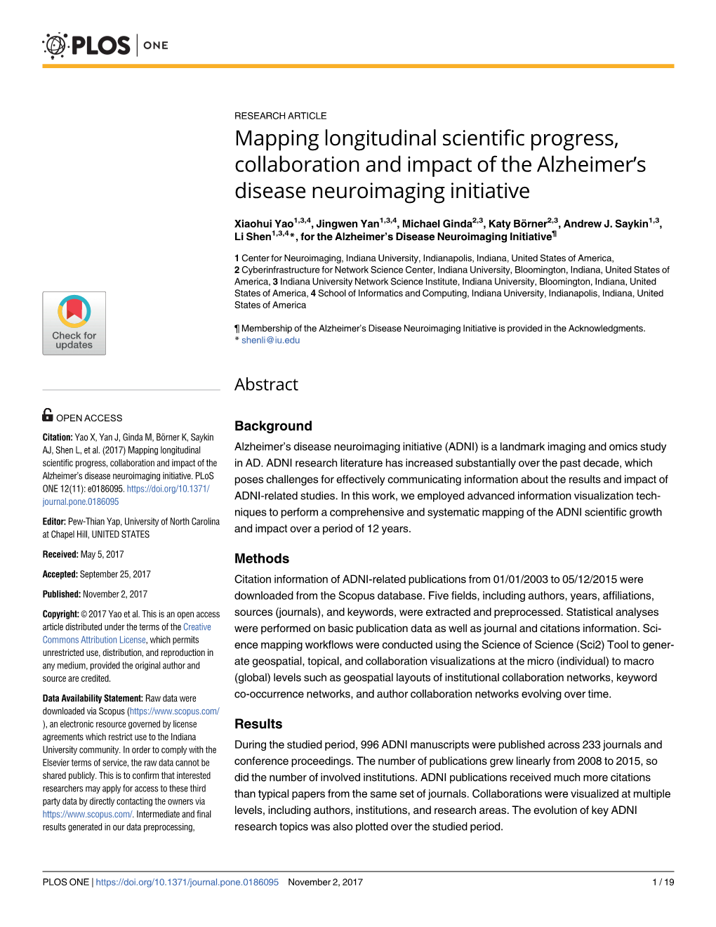 Mapping Longitudinal Scientific Progress, Collaboration and Impact of the Alzheimer’S Disease Neuroimaging Initiative