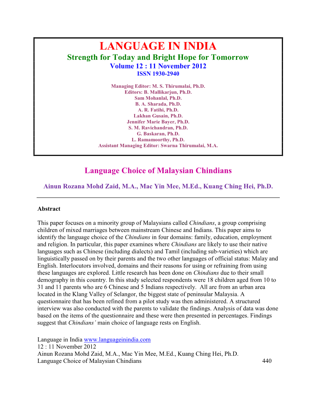 Language Choice of Malaysian Chindians