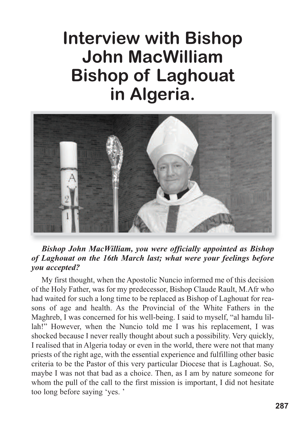 Interview with Bishop John Macwilliam Bishop of Laghouat in Algeria