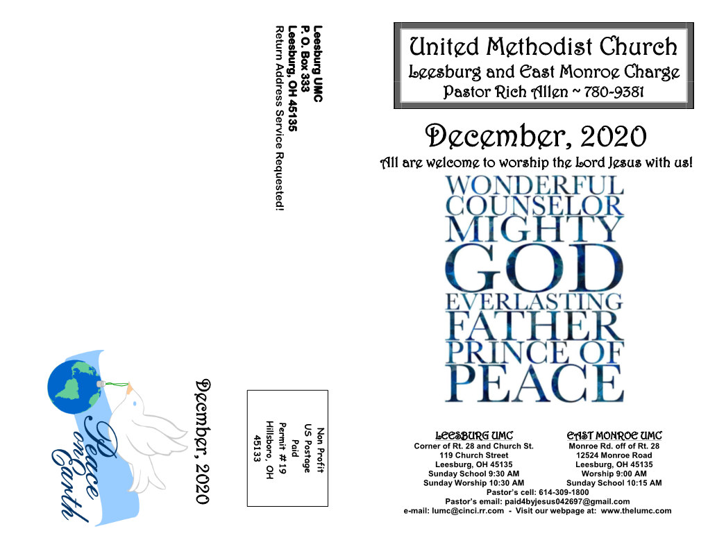 December, 2020 All Are Welcome to Worship the Lord Jesus with Us!