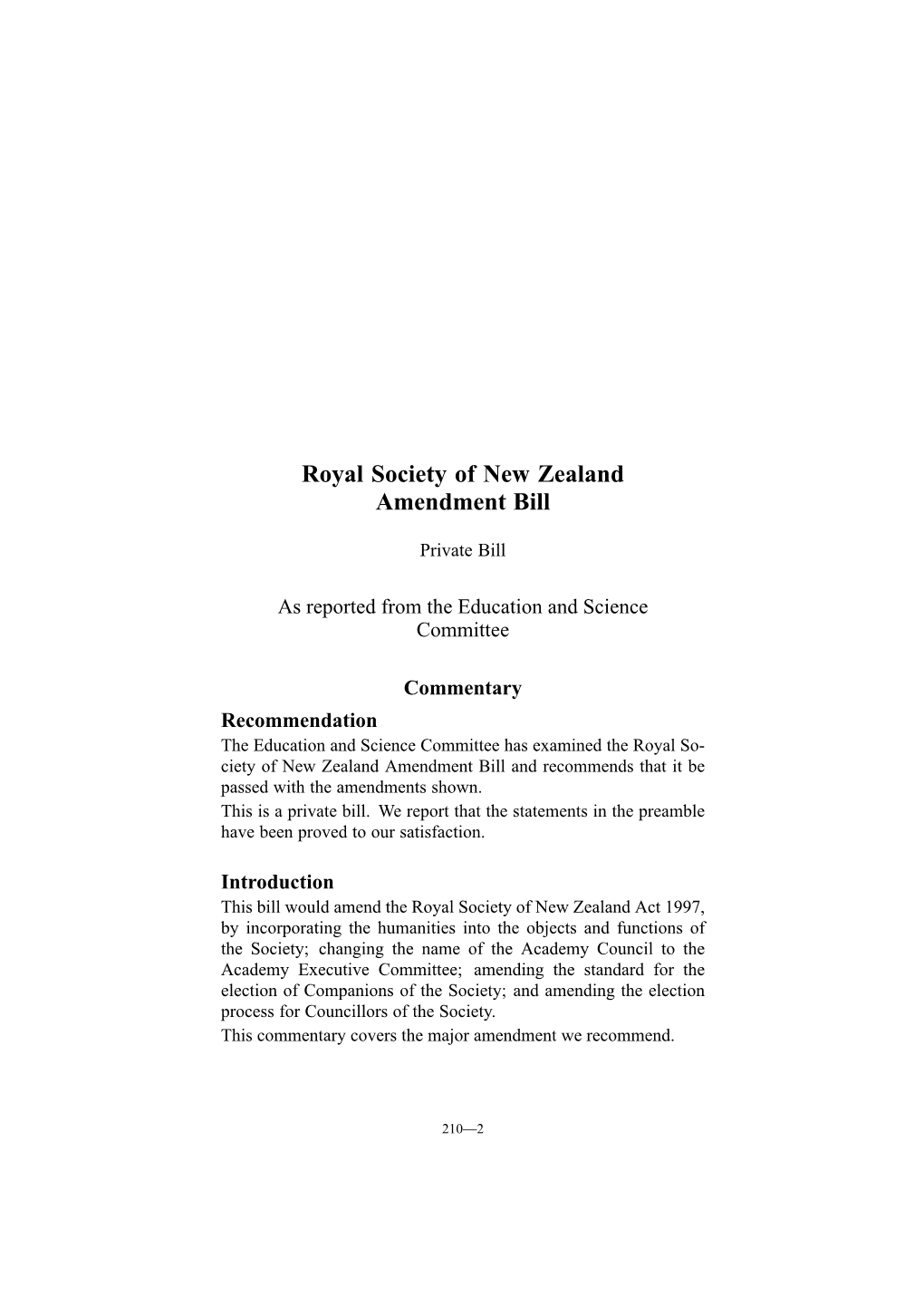 Royal Society of New Zealand Amendment Bill