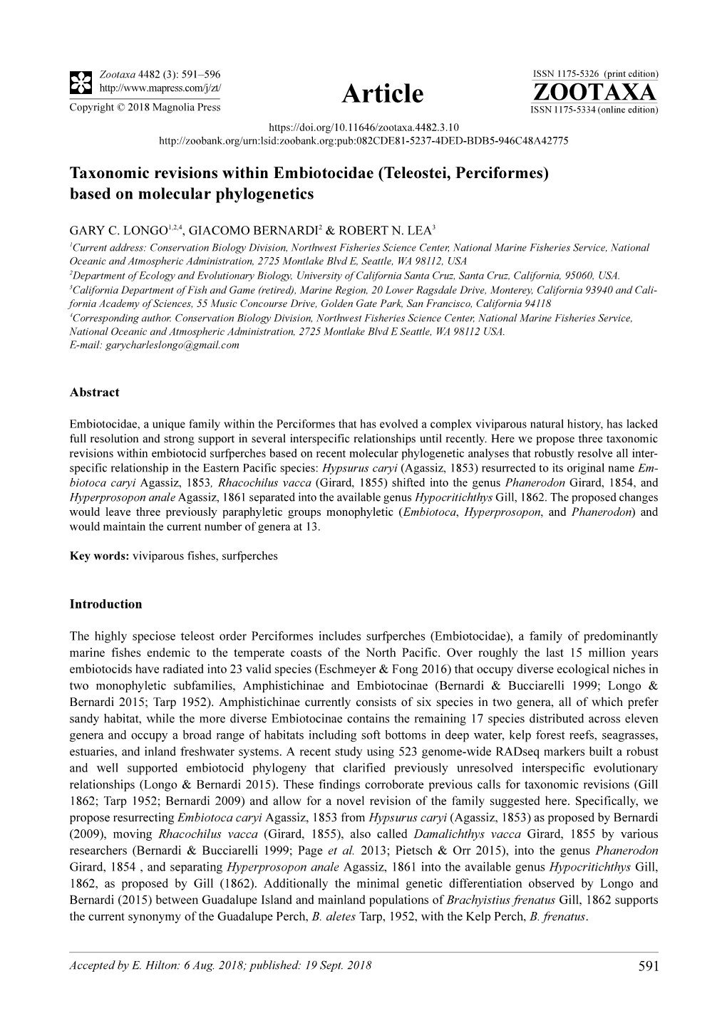 Taxonomic Revisions Within Embiotocidae (Teleostei, Perciformes) Based on Molecular Phylogenetics