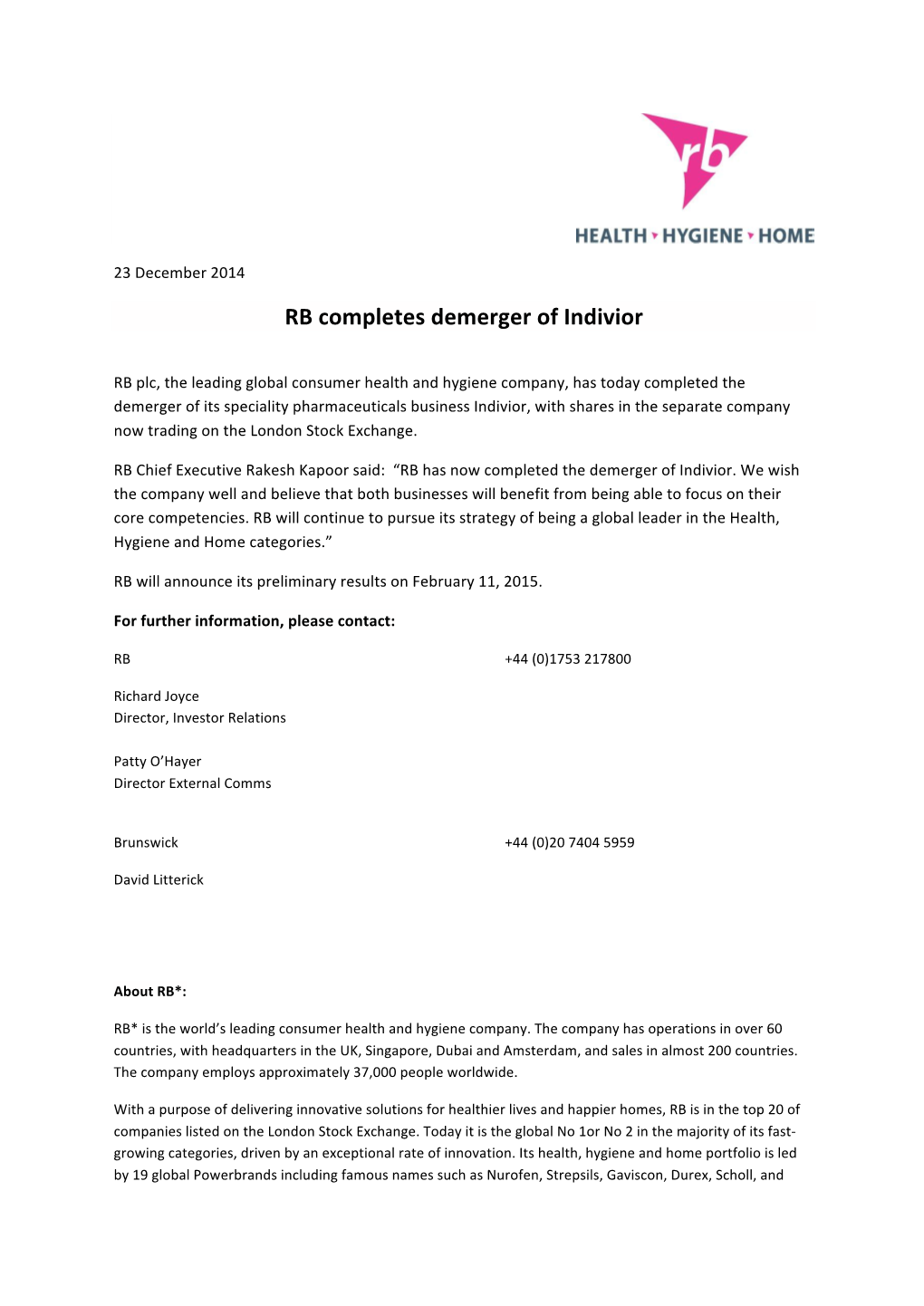 RB Demerger Advice Note 171214