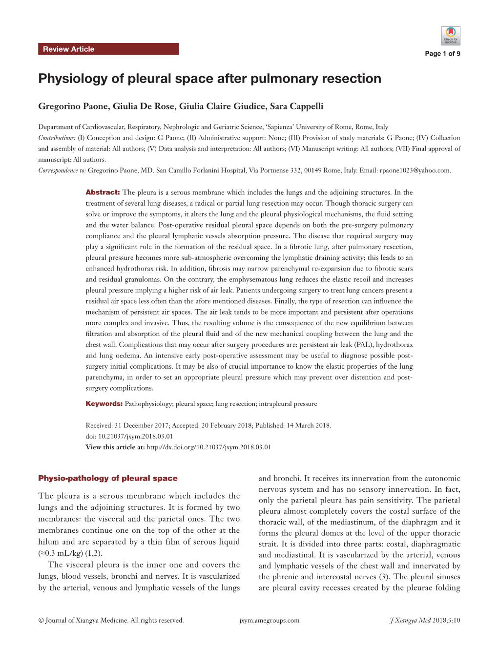 Physiology of Pleural Space After Pulmonary Resection