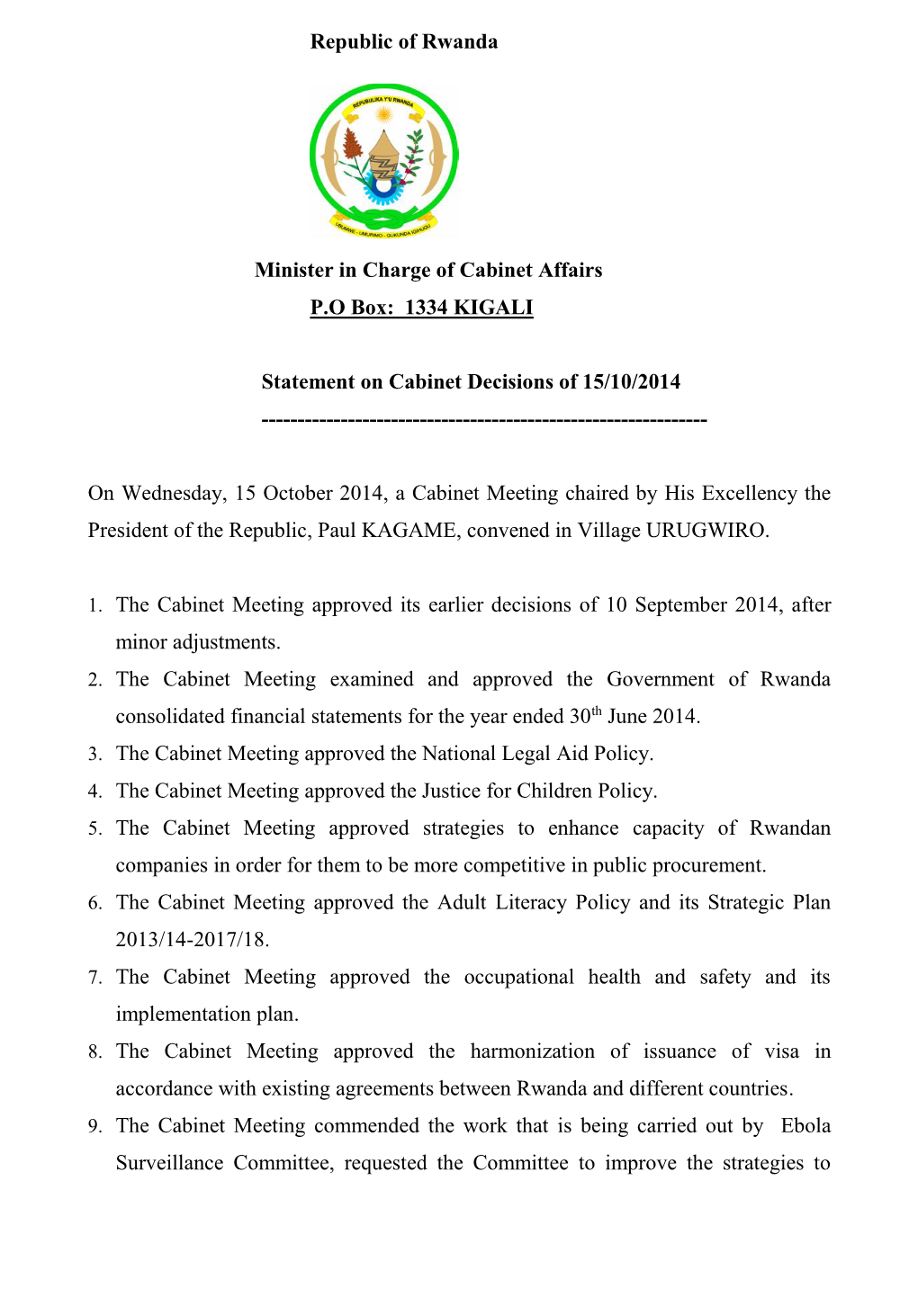 1334 KIGALI Statement on Cabinet Decisions of 15/10/2014