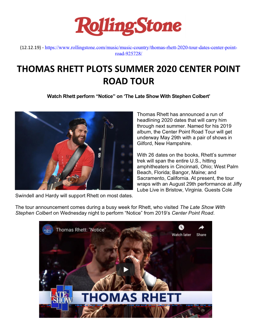 Thomas Rhett Plots Summer 2020 Center Point Road Tour