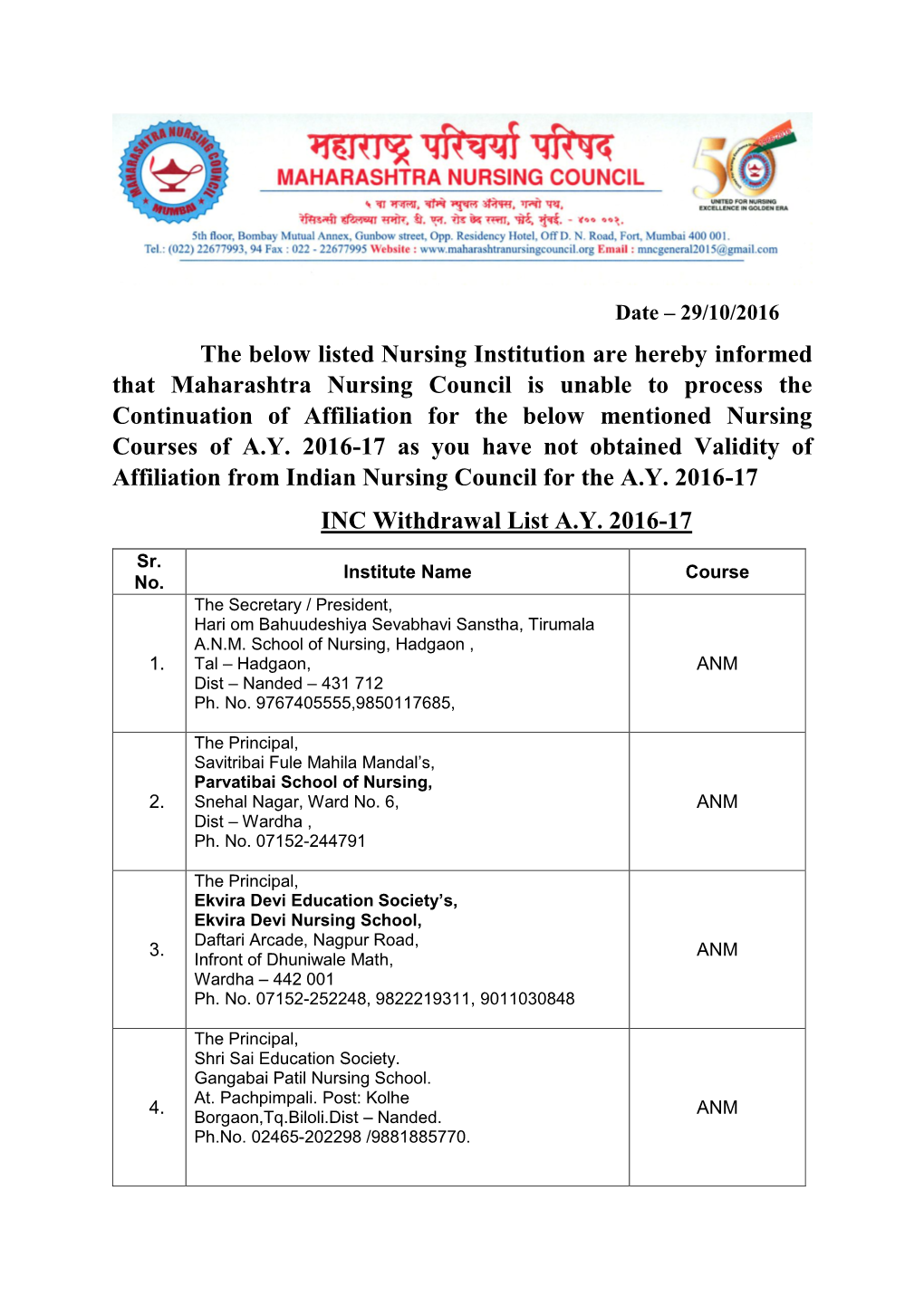 The Below Listed Nursing Institution Are Hereby Informed That Maharashtra Nursing Council Is Unable to Process the Continuation