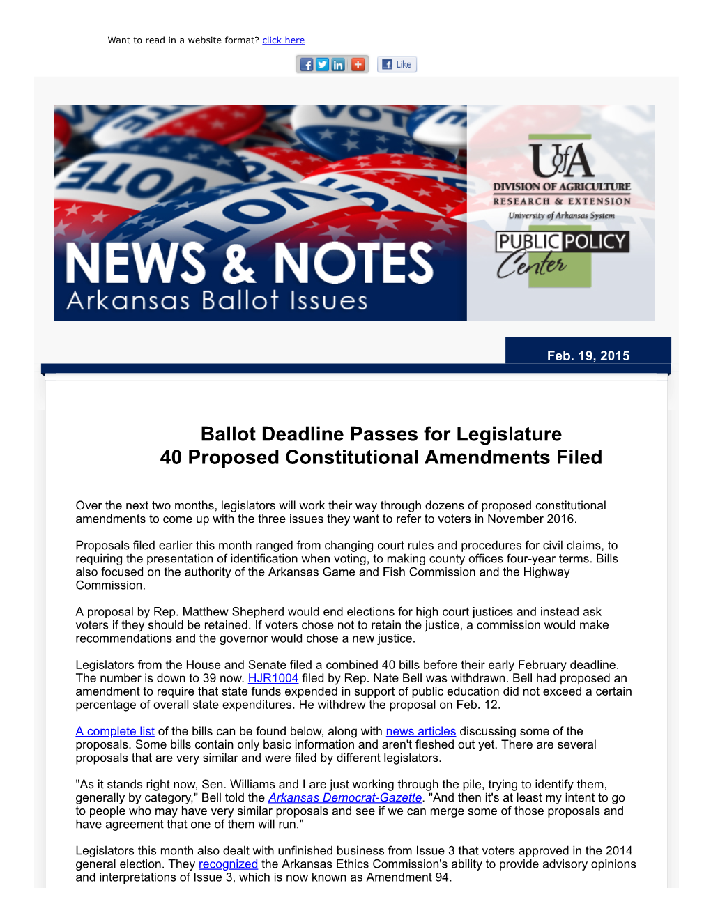 Ballot Deadline Passes for Legislature 40 Proposed Constitutional Amendments Filed