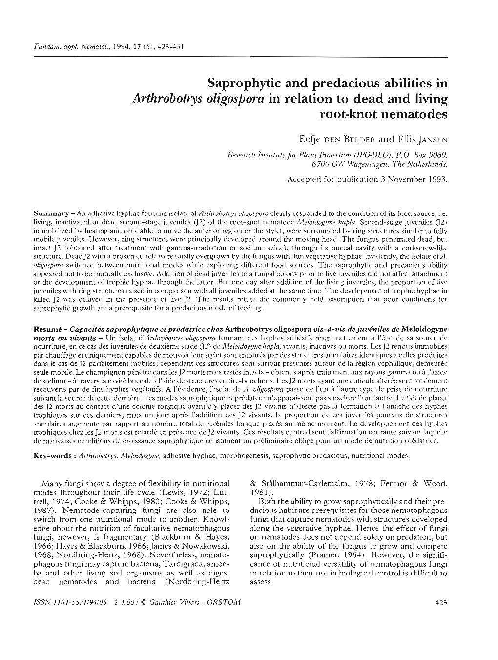 Saprophytic and Predacious Abilities in Arthrobotrys Oligospora in Relation to Dead and Living Root-Knot Nematodes