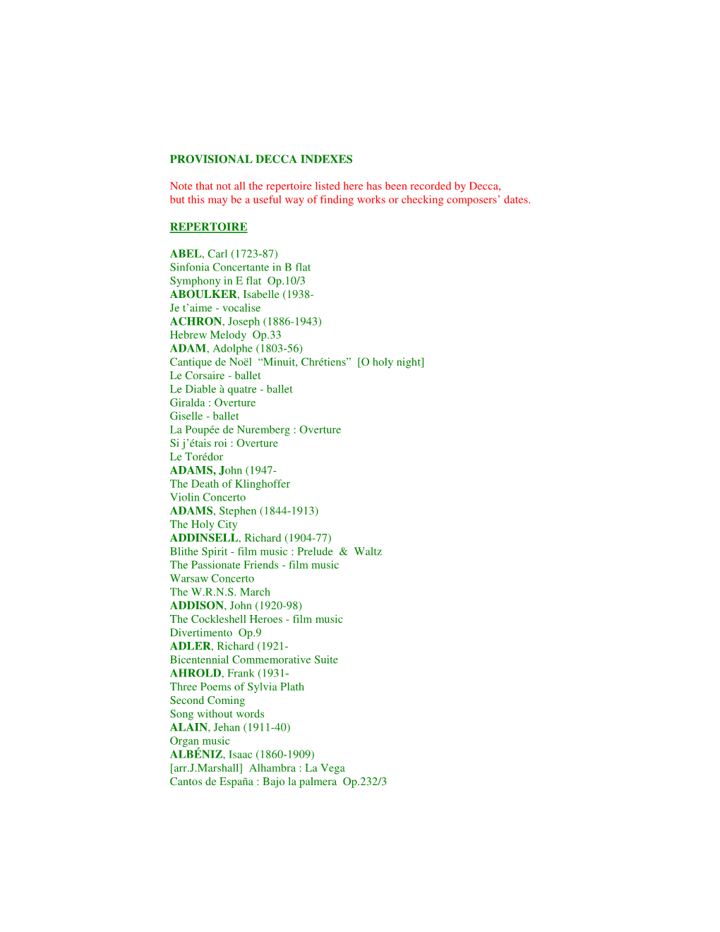 PROVISIONAL DECCA INDEXES Note That Not All the Repertoire Listed