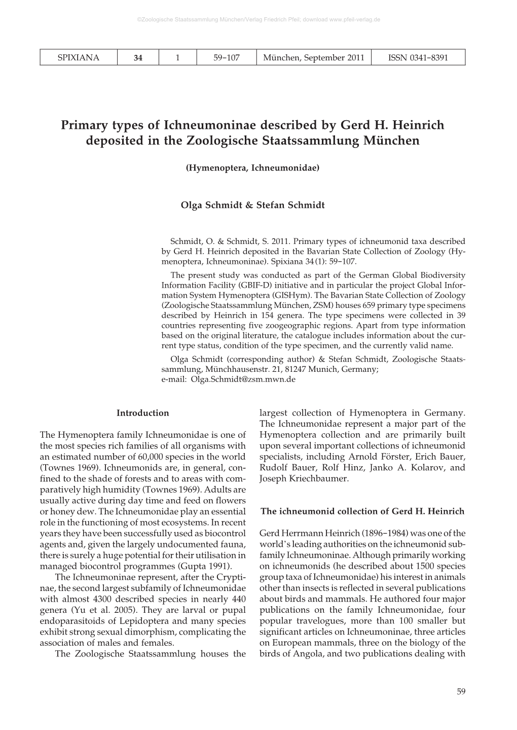 Primary Types of Ichneumoninae Described by Gerd H. Heinrich Deposited in the Zoologische Staatssammlung München