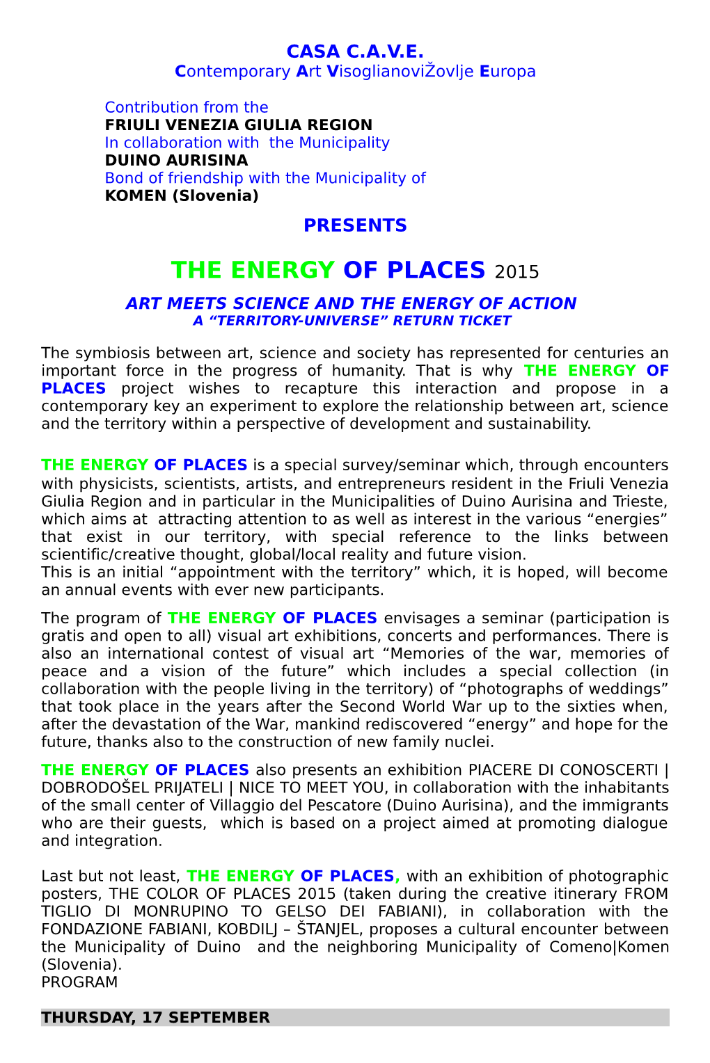 The Energy of Places 2015 Art Meets Science and the Energy of Action a “Territory-Universe” Return Ticket