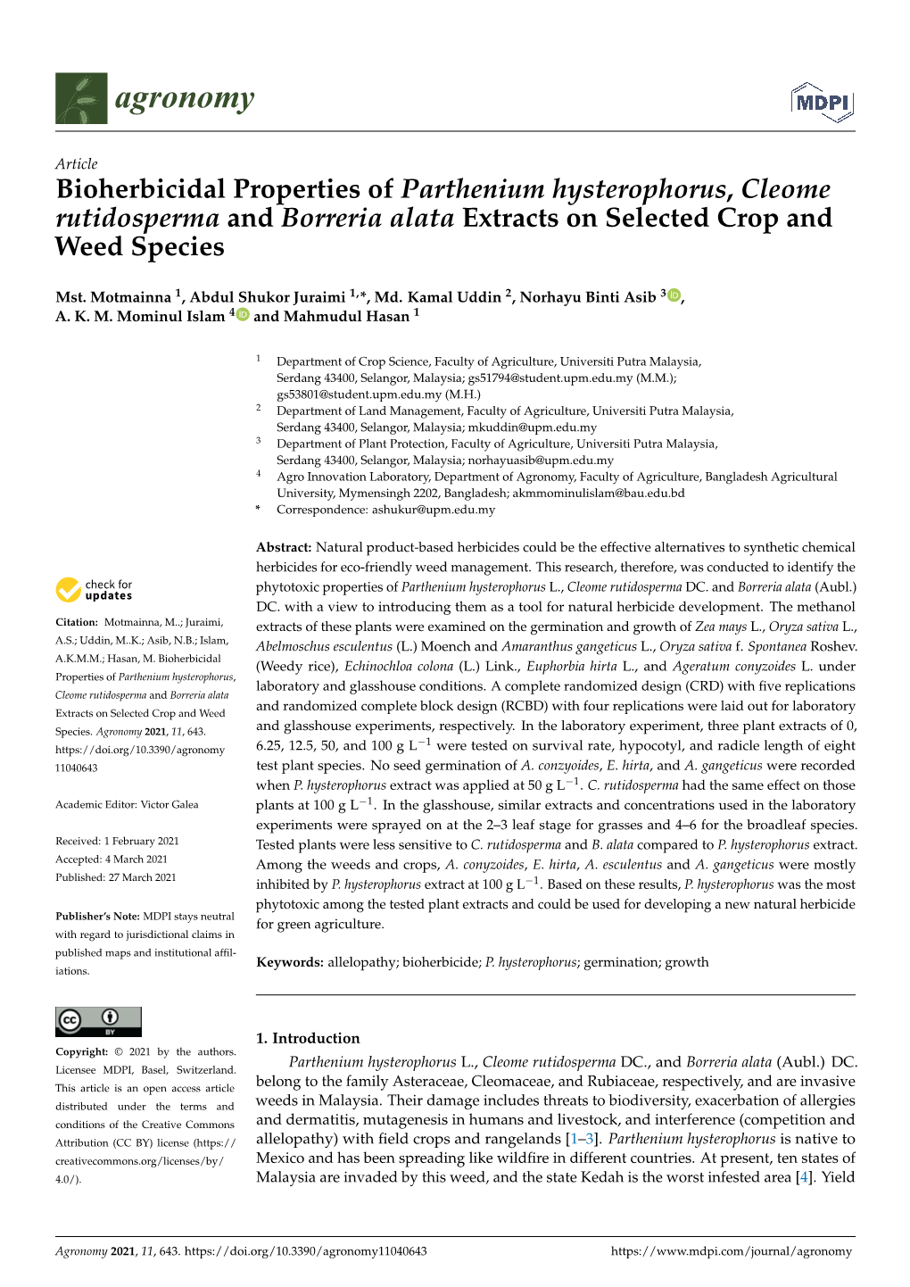 Bioherbicidal Properties of Parthenium Hysterophorus, Cleome Rutidosperma and Borreria Alata Extracts on Selected Crop and Weed Species