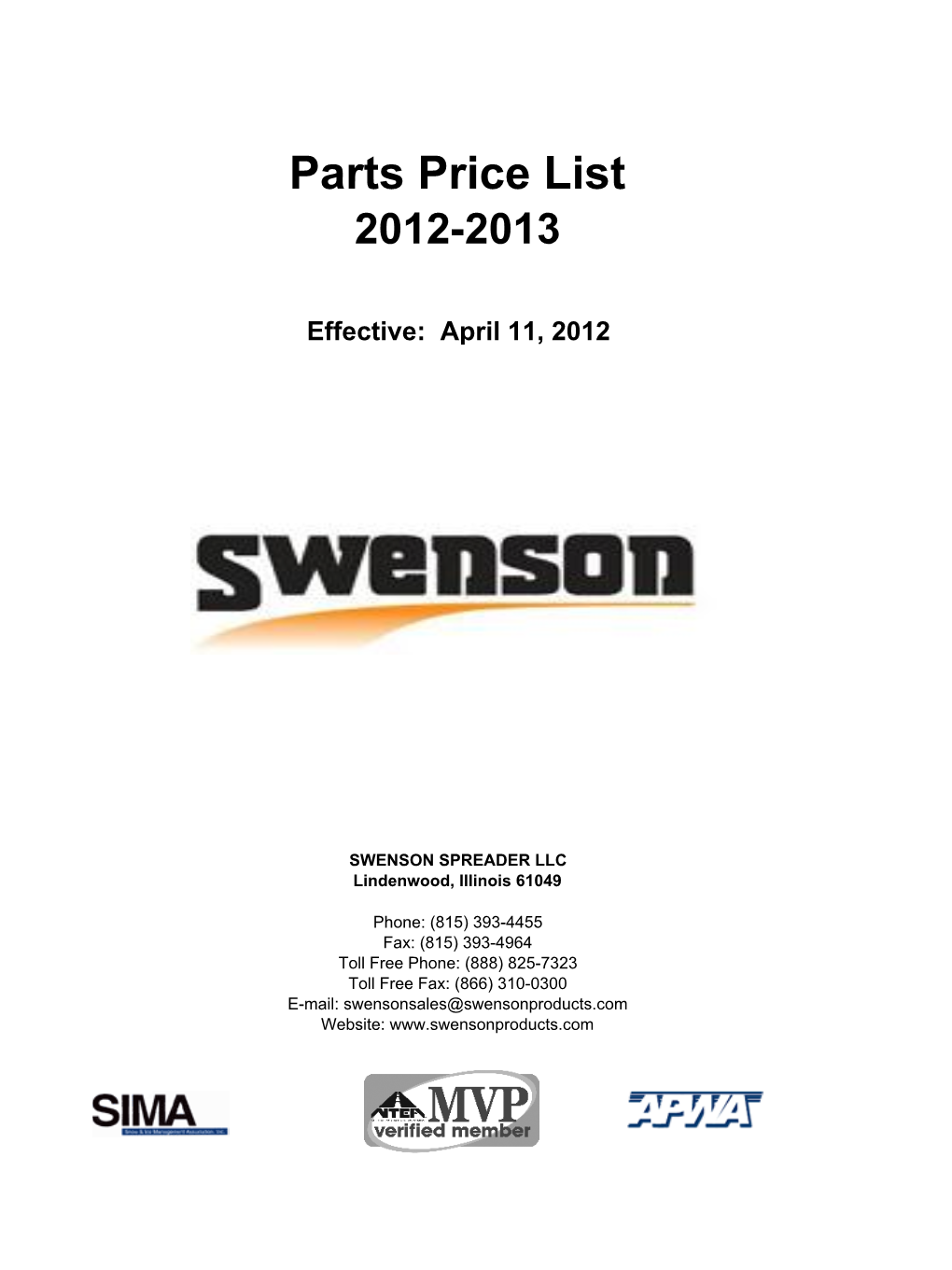 Swenson Parts Price List 2012-2013