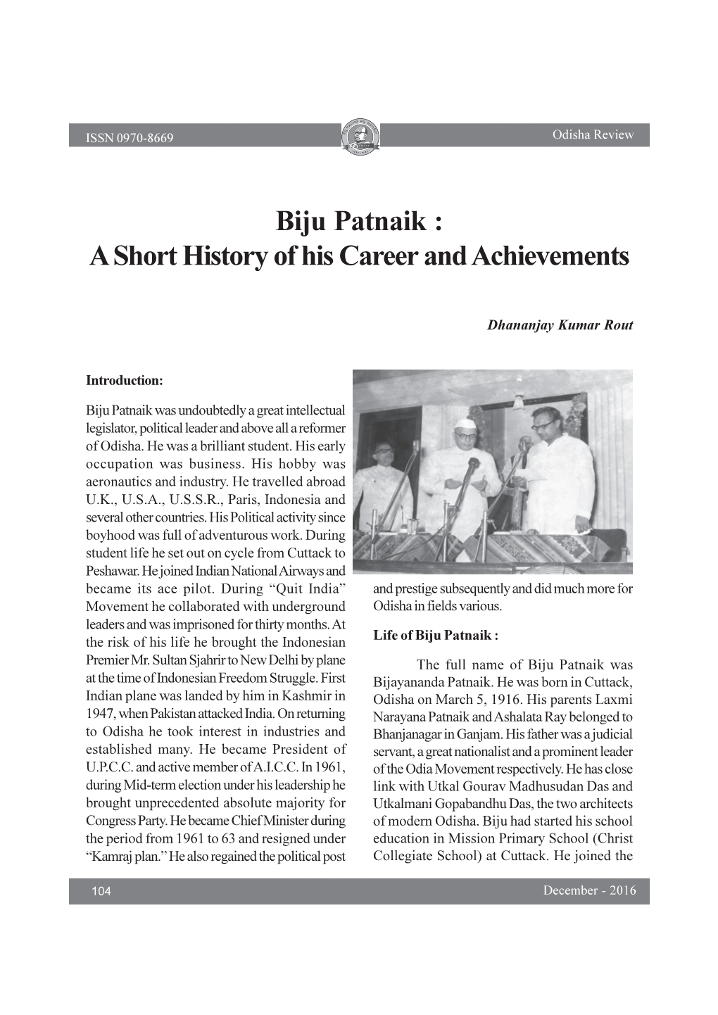 Biju Patnaik : a Short History of His Career and Achievements