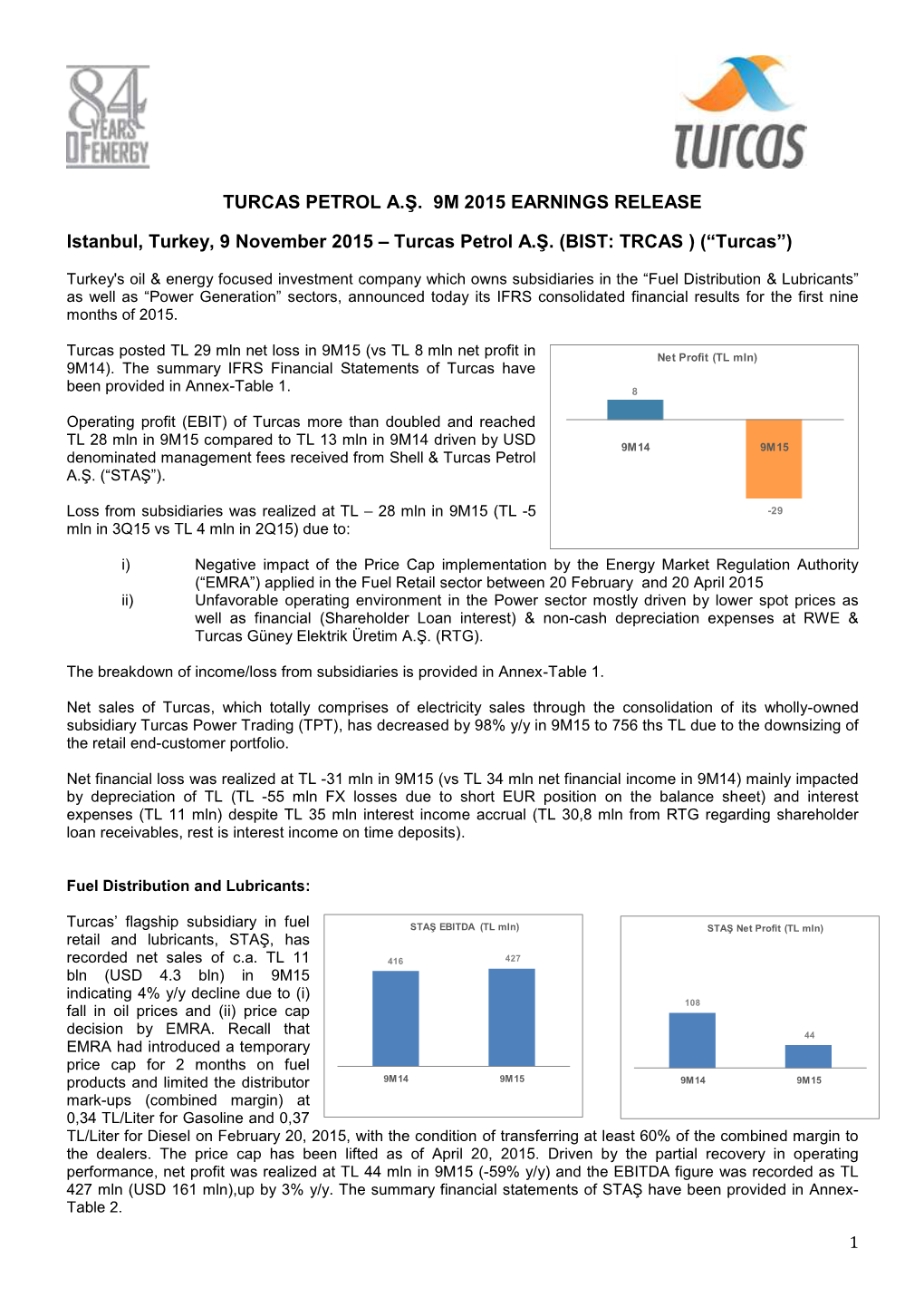 TURCAS PETROL A.Ş. 9M 2015 EARNINGS RELEASE Istanbul