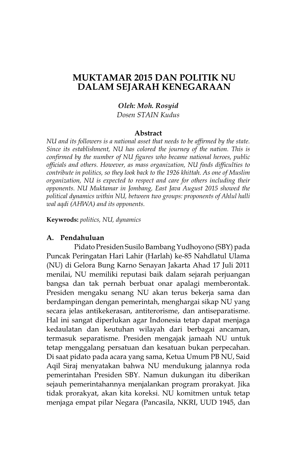 Muktamar 2015 Dan Politik Nu Dalam Sejarah Kenegaraan