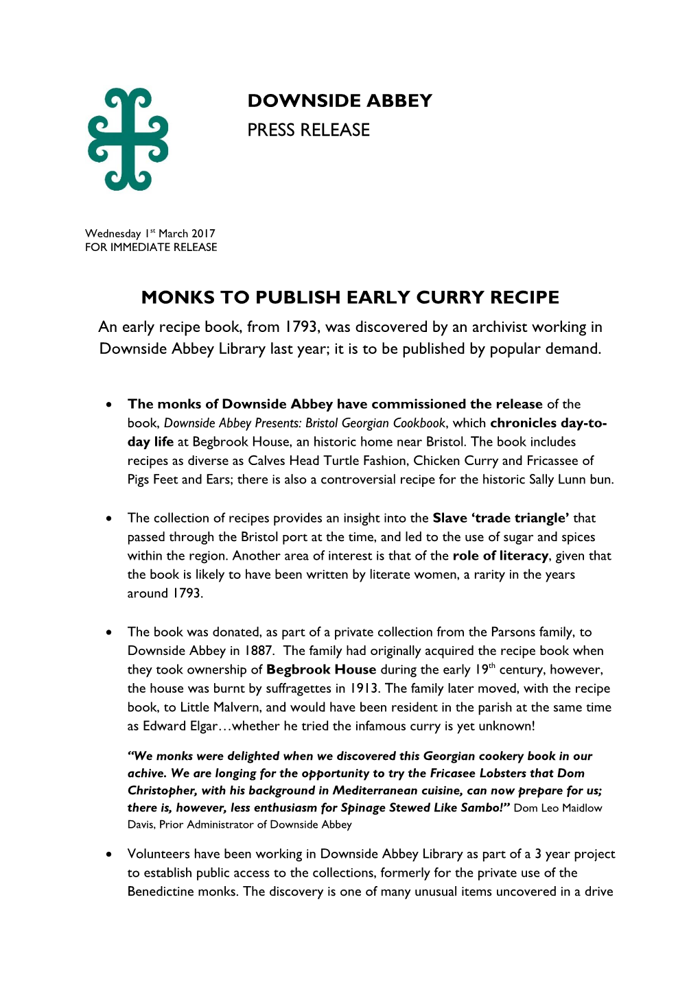 Monks to Publish Early Curry Recipe Downside Abbey