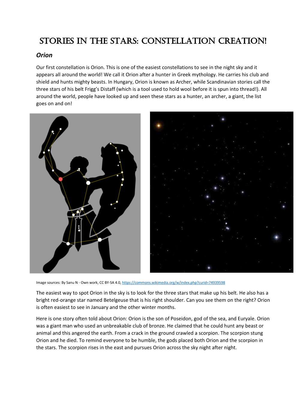 Stories in the Stars: Constellation Creation! Orion