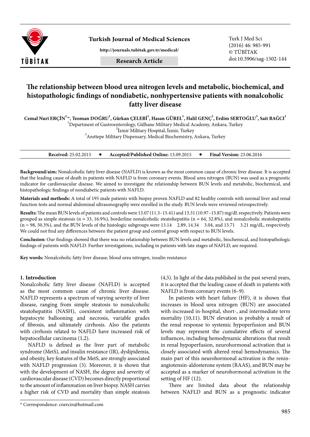 The Relationship Between Blood Urea Nitrogen Levels and Metabolic