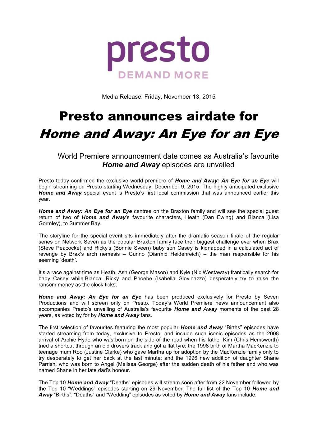 Presto Announces Airdate for Home and Away: an Eye for an Eye