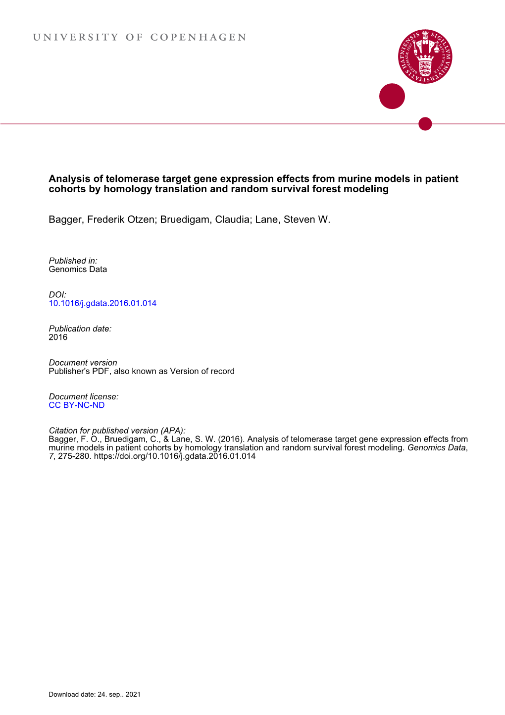 Analysis of Telomerase Target Gene Expression Effects from Murine Models in Patient Cohorts by Homology Translation and Random Survival Forest Modeling