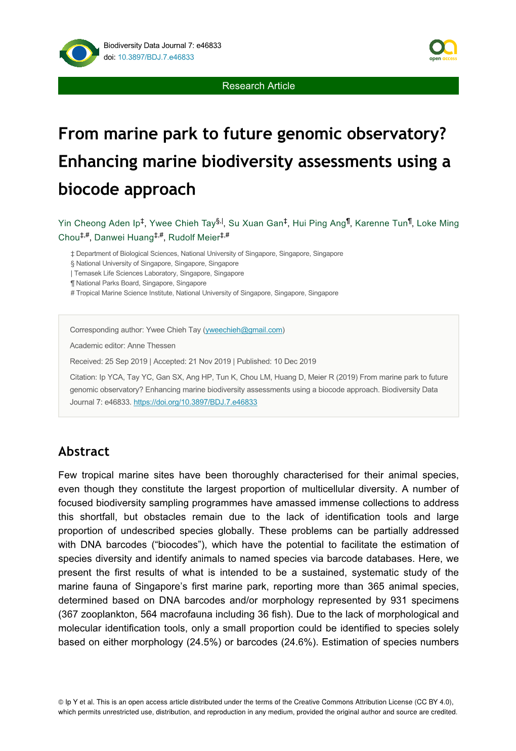 From Marine Park to Future Genomic Observatory? Enhancing Marine Biodiversity Assessments Using a Biocode Approach