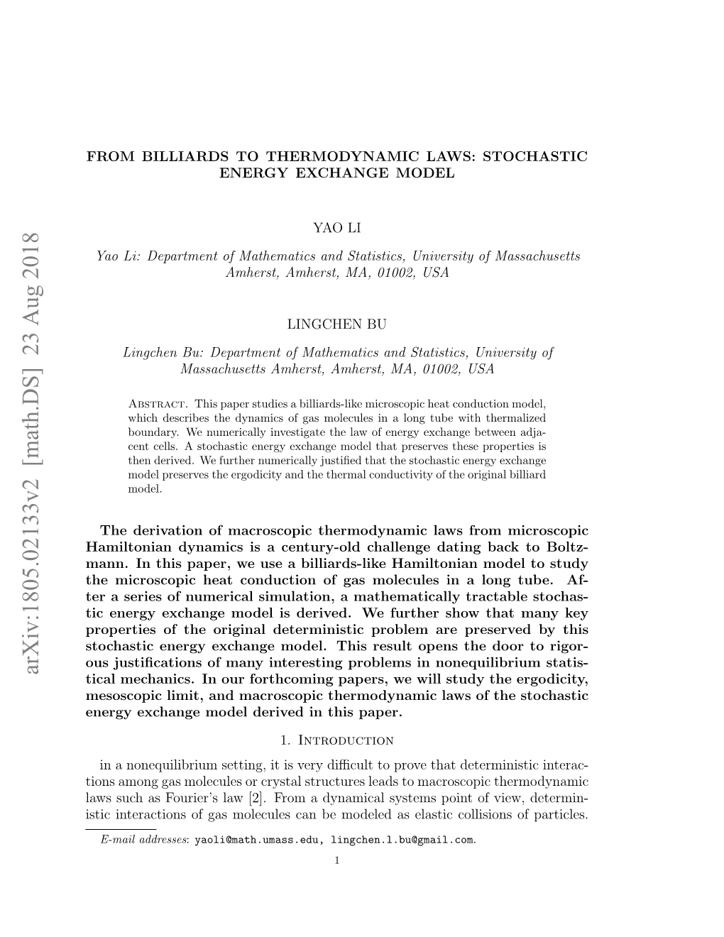 From Billiards to Thermodynamic Laws: I. Stochastic Energy Exchange Model