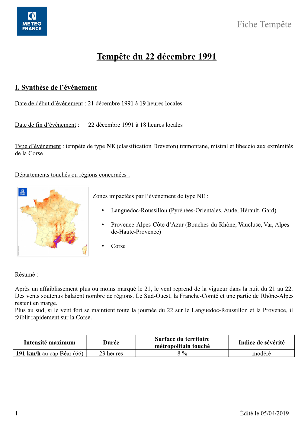 Fiche Tempête Tempête Du 22 Décembre 1991